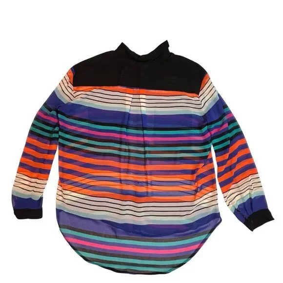 Bisou Busou Blouse Womens XL Colorful Bright Stripes Sheer Button Up Shirt - Picture 8 of 9